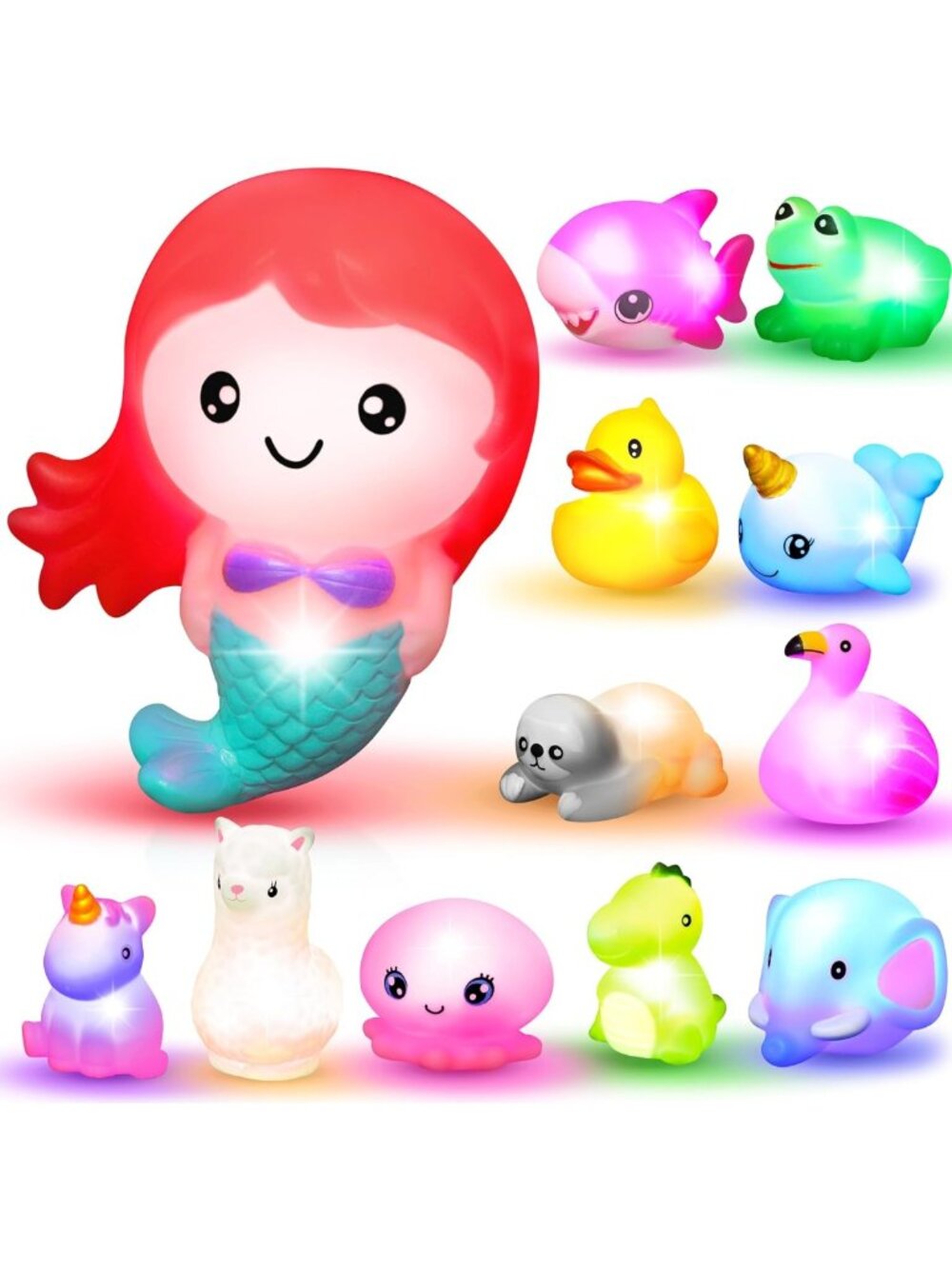 Colorful LED Light Up Bath Toys - 12 PCS Floating Mermaid Rubber Shower Gifts